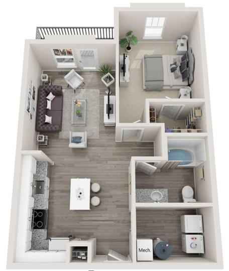 a 3d rendering of a two bedroom apartment at The Novo Sweetwater